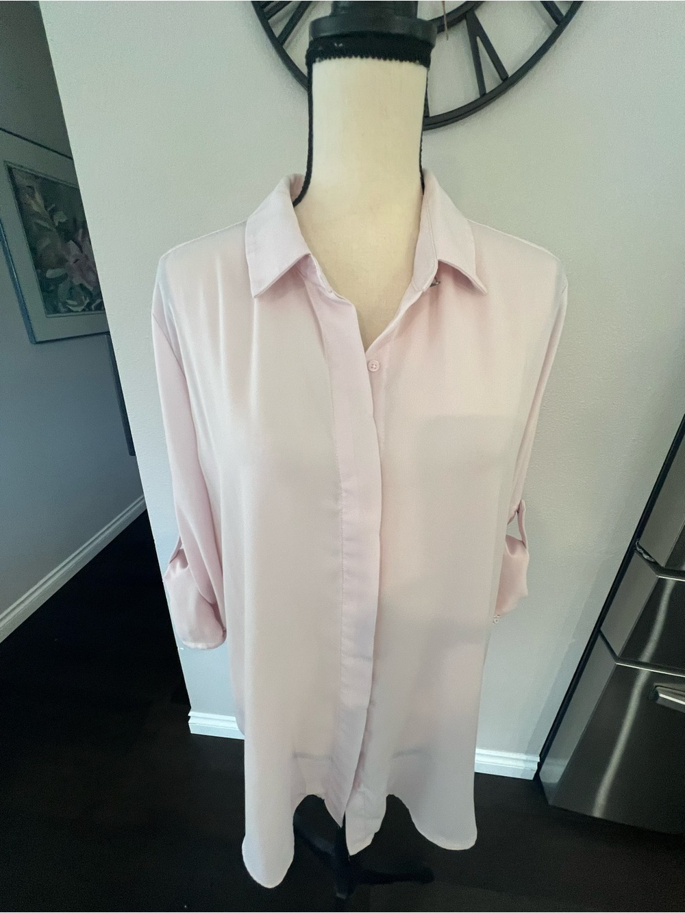 Light Pink Roll-Sleeve Button Front Tunic Top
